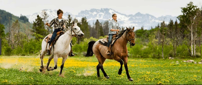 Confident plus-size woman riding Olney a horse through a field with a smile on her face.